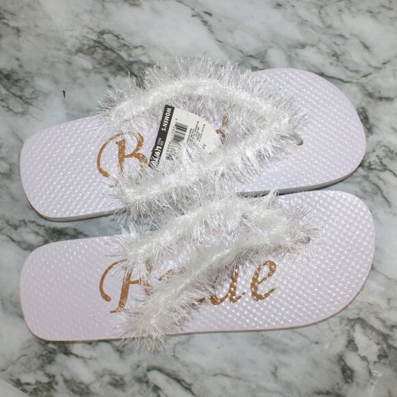 HAND CRAFTED Bride Flip Flops Padded Thong Crochet Faux Fur Eyelash White Shoes - Picture 2 of 10